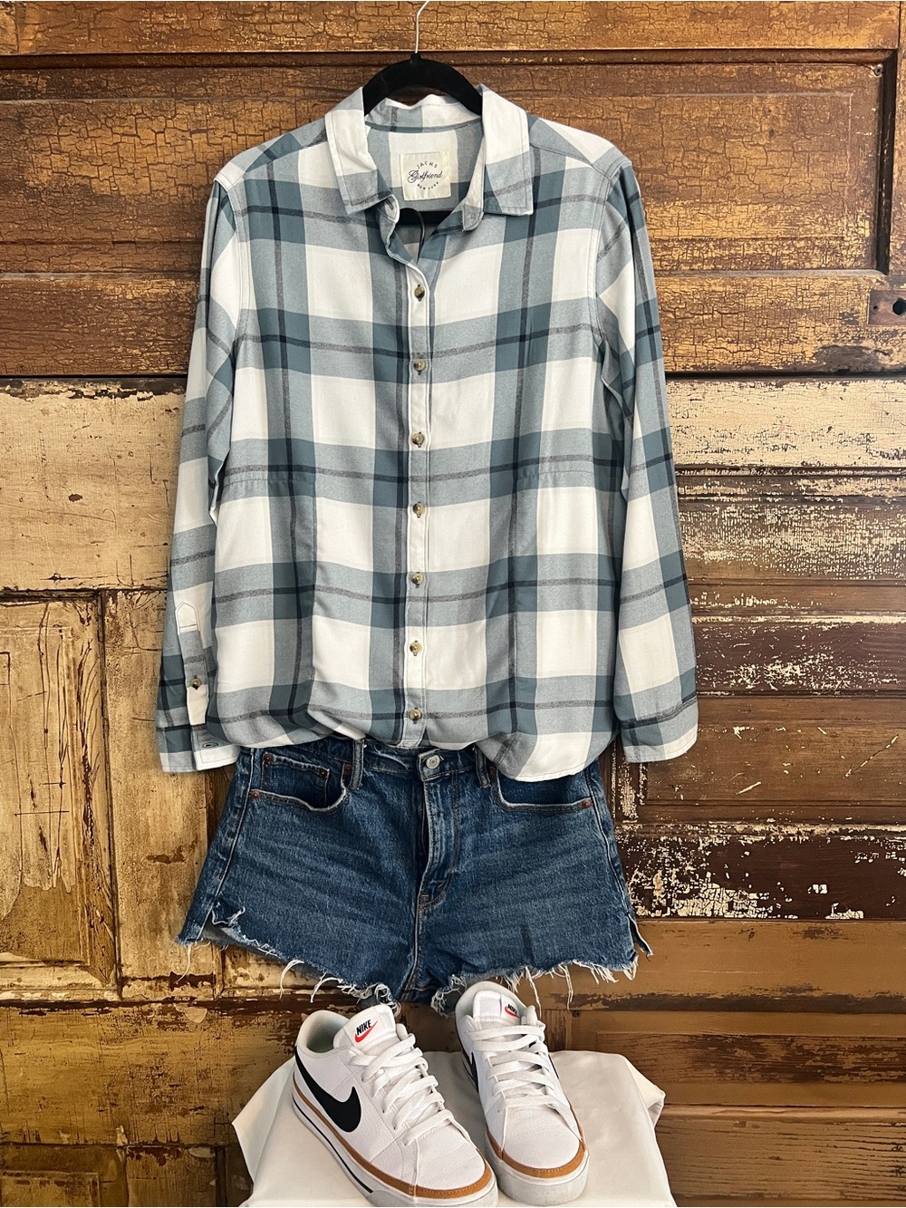 Jachs Girlfriend Plaid Button Down Shirt | Blue White Flannel Style Top | Size S